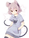  1girl akagashi_hagane alternate_costume animal_ears black_legwear clothes_writing contemporary grey_hair hands_in_pockets hood hoodie mouse mouse_ears mouse_tail nazrin red_eyes short_hair short_sleeves smile solo star tail thigh-highs touhou zettai_ryouiki 