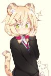  :&gt; animal_ears blonde_hair cat eyebrows eyebrows_visible_through_hair hair_ornament hairclip looking_at_viewer necktie original shirt simple_background sparkle sweater tail thick_eyebrows tiger_ears tiger_tail tomcat_(moconeko) toramimi-senpai twintails upper_body yellow_eyes 