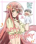  1girl 2015 :p blush breasts character_doll cleavage dated hair_ornament hairclip hand_puppet happy_birthday kueru_(yuuki_tamerawanai) kurusu_kimihito lamia long_hair miia_(monster_musume) monster_girl monster_musume_no_iru_nichijou navel pointy_ears puppet redhead scales shirt slit_pupils smile solo tied_shirt tongue tongue_out translation_request upper_body yellow_eyes 