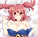  1girl bare_shoulders bed_sheet breasts cleavage hair_bobbles hair_ornament kinagi_yuu large_breasts looking_at_viewer lying on_back onozuka_komachi red_eyes redhead short_hair solo touhou twintails two_side_up 