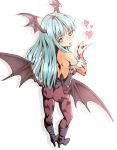  1girl bare_shoulders bat_print bat_wings bridal_gauntlets capcom demon_girl elbow_gloves gloves green_eyes green_hair head_wings heart heart-shaped_pupils leotard long_hair looking_at_viewer looking_back morrigan_aensland pantyhose print_legwear ryusuke1234 smile solo succubus symbol-shaped_pupils vampire_(game) white_background wings 