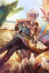  1boy bare_shoulders beach bird blue_eyes boots chain_chronicle chair crossed_legs fingerless_gloves gabuccc gloves guitar highres instrument jewelry necklace pillow ring seagull sheet_music shirtless sitting solo sunlight white_hair 