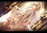  1girl blonde_hair bridal_veil bride church dress elbow_gloves feathers gloves jiji_(381134808) kasugano_sora letterboxed long_hair sleeveless sleeveless_dress smile solo veil very_long_hair wedding wedding_dress white_dress white_gloves yosuga_no_sora 