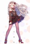  1girl aqua_eyes artist_name detached_sleeves dress fangxiang_cuoluan full_body grey_hair high_heels highres long_hair looking_at_viewer original pantyhose small_breasts smile solo 