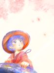  1girl blush bowl bowl_hat cherry_blossoms in_bowl in_container japanese_clothes kimono looking_up mdnk needle open_mouth purple_hair short_hair sukuna_shinmyoumaru touhou violet_eyes 