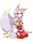  1girl animal_ears bell breasts esoragoto fox_ears fox_tail hakama highres hime_cut japanese_clothes jingle_bell miko original red_eyes seiza sideboob silver_hair sitting smile solo tail 