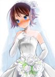  1girl aikura_(twilight_dusk) blue_eyes blush bouquet brown_hair dress elbow_gloves flower gloves hiei_(kantai_collection) kantai_collection short_hair sleeveless sleeveless_dress solo sweatdrop veil wedding_dress 