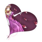  1girl blonde_hair breasts choker cleavage dress elbow_gloves eyes gap gloves hat hat_ribbon heart long_hair looking_at_viewer minust mob_cap puffy_sleeves purple_dress ribbon ribbon_choker short_sleeves simple_background smile solo touhou violet_eyes white_background white_gloves yakumo_yukari 