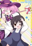 2girls :d ;d age_difference armpits black_hair bowtie brown_eyes character_name dated detached_sleeves english happy_birthday hat height_difference kagerou_(kers) looking_at_viewer mari_(yuru_yuri) mirakurun multiple_girls one_eye_closed open_mouth pink_hair red_eyes smile w wand witch_hat yuru_yuri 