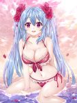  1girl bikini blanket_(artist) blue_hair bracelet breasts cleavage flower hair_flower hair_ornament highres jewelry long_hair luthica_preventer red_bikini red_eyes sidelocks sitting smile solo swimsuit sword_girls twintails water 