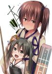  &gt;:( 2girls arrow blush bow_(weapon) brown_eyes brown_hair child cradling_head flight_deck flying_sweatdrops full-face_blush grey_hair hair_ribbon hand_on_another&#039;s_head height_difference japanese_clothes kaga_(kantai_collection) kantai_collection leaning_back leaning_on_person long_hair looking_at_another looking_up multiple_girls muneate open_mouth pointy_ears polearm quiver ribbon short_hair side_ponytail simple_background spear tai_(nazutai) tasuki twintails upper_body weapon white_background younger yugake zuikaku_(kantai_collection) 