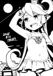  1girl 2015 :d airship bikini bird blush building charlotte_(granblue_fantasy) clouds collarbone condensation_trail crown dated flat_chest granblue_fantasy jingai_modoki long_hair monochrome open_mouth sky smile solo sun sweat swimsuit 