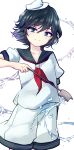  1girl black_hair green_eyes hat highres ladle looking_at_viewer murasa_minamitsu neckerchief sailor_hat school_uniform serafuku shirt shorts smile solo touhou uranaishi_(miraura) 