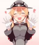  1girl :d anchor_hair_ornament black_ribbon blew_andwhite blonde_hair blush breasts closed_eyes gloves gradient gradient_background hair_between_eyes hair_ornament hair_ribbon hat heart highres kantai_collection large_breasts long_hair long_sleeves military military_uniform open_mouth peaked_cap prinz_eugen_(kantai_collection) ribbon smile solo uniform upper_body white_gloves 