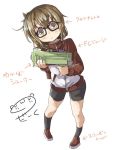  1girl alternate_costume artist_name brown_eyes brown_hair commentary_request darkside folded_ponytail glasses inazuma_(kantai_collection) kantai_collection looking_at_viewer shorts smile splatoon track_jacket translation_request 