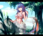  1girl 2015 artist_name bikini_top blue_eyes blue_hair bracelet breasts fins gills highres jewelry large_breasts letterboxed long_hair looking_to_the_side lumian mermaid mole mole_under_eye monster_girl navel original rock sarong smile solo swimsuit tree water wet 