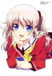  1girl absurdres blue_eyes charlotte_(anime) earphones highres lying megami official_art on_stomach open_mouth school_uniform tomori_nao 