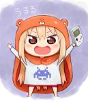  10s 1girl :d angry arms_up blonde_hair blush brown_eyes character_name chibi dogakobo doma_umaru game_boy hamster_costume handheld_game_console himouto!_umaru-chan hiro1984 hood long_hair looking_at_viewer nintendo open_mouth shueisha smile solo space_invaders tetris tokyo_mx 