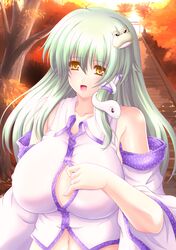  1girl :d autumn autumn_leaves bare_shoulders blush breasts center_opening cleavage collarbone detached_sleeves female frog_hair_ornament green_hair hair_ornament huge_breasts japanese_clothes kochiya_sanae long_hair miko open_mouth smile snake_hair_ornament solo stairs touhou wontam yellow_eyes 