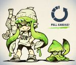  1girl arrow artist_request beanie domino_mask green_eyes green_hair hand_on_hip hat inkling mask partially_colored pointy_ears shoes sidelocks smile sneakers splatoon spot_color squid t-shirt tentacle_hair water_gun waving 