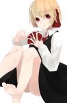  blonde_hair card dress hair_ornament highres ogami_ren playing_card red_eyes rumia shirt short_hair simple_background sitting touhou white_background 