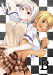  2girls blonde_hair blue_eyes blush breasts dark_skin interlocked_arms large_breasts looking_at_viewer midriff mito_ikumi mukunokino_isshiki multiple_girls nakiri_alice open_mouth plaid plaid_skirt red_eyes school_uniform shokugeki_no_souma short_hair silver_hair skirt smile vest 