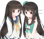  2girls alternate_costume bare_shoulders beret black_hair breasts brown_hair choukai_(kantai_collection) choukai_(kantai_collection)_(cosplay) cosplay glasses gloves hair_ornament hair_ribbon hat headgear highres isokaze_(kantai_collection) isokaze_(kantai_collection)_(cosplay) kantai_collection long_hair looking_at_viewer midriff multiple_girls navel pleated_skirt red_eyes remodel_(kantai_collection) ribbon rimless_glasses school_uniform serafuku skirt smile tress_ribbon v_arms white_background yukichi_(sukiyaki39) 