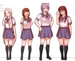  4girls bow breasts broad_shoulders brown_eyes brown_hair eyebrows frown full_moon glasses green_eyes hakusan_tora hands_on_hips height_chart height_difference kamisuki large_breasts long_hair matching_outfit meat_day moon multiple_girls open_mouth original platinum_blonde redhead school_uniform serafuku shirato_anna shiratori_shiraha shirono_uzuki silver_hair simple_background socks standing thick_eyebrows very_long_hair waving white_background 