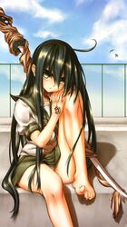  1girl absurdres barefoot black_hair brown_eyes gundam00uc highres long_hair panties pantyshot school_uniform shakugan_no_shana shana sword underwear weapon 