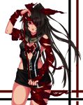  1girl absurdres black_hair hair_over_one_eye hair_ribbon highres long_hair looking_away one_eye_covered open_mouth original ponytail red_eyes revealing_clothes ribbon ryusuke1234 short_shorts shorts solo thighs 