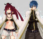  1boy 1girl blue_eyes blue_hair breasts chain cleavage earrings erza_scarlet fairy_tail grey_background holding_weapon jellal_fernandes jewelry looking_at_viewer ponytail red_eyes redhead see-through spiky_hair tattoo torn_clothes under_boob 