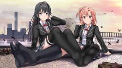  2girls black_hair blue_eyes brown_hair edogawakid highres long_hair multiple_girls red_eyes school_uniform short_hair thigh-highs yahari_ore_no_seishun_lovecome_wa_machigatteiru. yuigahama_yui yukinoshita_yukino 