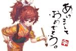  1girl akeome animal_ears calligraphy_brush cuffs hair_ornament hand_on_hip horse_ears japanese_clothes kikugetsu kimono looking_at_viewer new_year obi original paintbrush ponytail red_eyes redhead sash smile solo stamp tasuki 