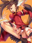  1girl bare_shoulders blush breasts brown_eyes brown_hair china_dress chinese_clothes detached_sleeves fukai_ryousuke guilty_gear hair_ornament kuradoberi_jam large_breasts leg_lift long_hair looking_at_viewer miniskirt one_eye_closed open_mouth panties skirt smile solo spread_legs underwear v very_long_hair white_panties 