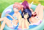  absurdres arato_hisako bikini blue_eyes blue_hair blush breasts brown_eyes character_request cleavage fan highres leg_hug legs nyantype official_art orange_hair pool popsicle redhead shokugeki_no_souma striped striped_bikini striped_swimsuit swimsuit tadokoro_megumi water 