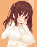  1girl blush breasts brown_eyes brown_hair ebina_nana heart heart-shaped_pupils himouto!_umaru-chan hym9594 large_breasts long_hair looking_at_viewer no_bra open_mouth school_uniform see-through shirt smoke solo symbol-shaped_pupils twintails wavy_mouth wet wet_clothes 