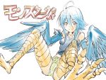  1girl ahoge blue_hair blue_wings blush dango_(bonapalt100) feathered_wings harpy monster_girl monster_musume_no_iru_nichijou papi_(monster_musume) scales short_shorts shorts simple_background sketch small_breasts smile solo talons translated white_background wings yellow_eyes 