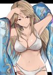  1girl arm_behind_head bikini breasts cleavage collarbone diamond_(shape) earrings granblue_fantasy groin hand_on_own_forehead hand_on_own_head jewelry katarina_(granblue_fantasy) large_breasts light_brown_hair long_hair looking_away looking_to_the_side navel nerotarou@seven outline pink_eyes smile solo swimsuit white_bikini white_swimsuit 
