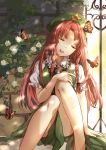  1girl bow braid brooch butterfly butterfly_on_head dress elise_(piclic) flower green_dress hat highres hong_meiling jewelry long_hair puffy_short_sleeves puffy_sleeves redhead rose short_sleeves sitting sleeping solo star touhou twin_braids very_long_hair white_rose 