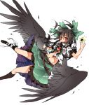  1girl bird_wings black_hair black_wings bow energy_ball hair_bow highres leg_ribbon long_hair midriff multiple_belts navel open_clothes open_mouth open_shirt puffy_short_sleeves puffy_sleeves red_eyes reiuji_utsuho shirt short_sleeves skirt solo space tattoo third_eye touhou toutenkou upskirt very_long_hair wings 