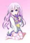  1girl absurdres blush choujigen_game_neptune covered_mouth d-pad gloves hair_ornament highres holster long_hair nepgear neptune_(series) purple_hair sitting source_request violet_eyes wariza 