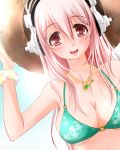  1girl bikini blush breasts cleavage hat headphones hotbuggy large_breasts long_hair looking_at_viewer midriff nitroplus pink_hair red_eyes smile solo straw_hat sun_hat super_sonico swimsuit 