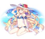  1girl bare_shoulders barefoot bikini blonde_hair blue_eyes blush breasts cleavage flower hair_over_one_eye hat hat_ribbon long_hair looking_at_viewer navel open_mouth pandora_(p&amp;d) puzzle_&amp;_dragons ribbon shouni_(sato3) side-tie_bikini sitting smile solo swimsuit very_long_hair wariza 
