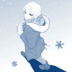  1girl anastasia_(idolmaster) boots commentary_request from_above from_side highres holding hood hoodie hot_drink idolmaster idolmaster_cinderella_girls looking_at_viewer looking_up monochrome short_hair simple_background smile snow snowflakes snowing solo steam sweater tocky walking 