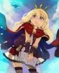  1girl :d airship blonde_hair blush book cagliostro_(granblue_fantasy) cape clouds granblue_fantasy hairband highres holding holding_book izuoku long_hair nose_blush open_book open_mouth skirt sky smile solo sparkle spikes vial violet_eyes 
