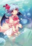  1girl absurdres bat_wings blue_hair frills highres jellyfish masaru.jp no_hat open_mouth piano playing_instrument puffy_sleeves red_eyes remilia_scarlet shirt short_hair short_sleeves skirt smile solo sparkle thigh_gap touhou underwater wings 