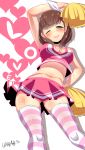  1girl blue_eyes blush breasts brown_hair cheerleader cleavage hairband hanabi_(ocha) hand_on_hip heart heart-shaped_pupils idolmaster idolmaster_cinderella_girls looking_at_viewer midriff miniskirt navel one_eye_closed plump pom_poms ribbon sakuma_mayu short_hair signature skirt smile solo striped striped_legwear sweat symbol-shaped_pupils thigh-highs 