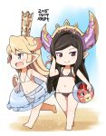  2015 2girls :d arurumeiya ball beach beachball bikini black_bikini black_hair blonde_hair blue_eyes blush charlotte_(granblue_fantasy) chibi crown dated flat_chest granblue_fantasy hat holding holding_ball innertube jingai_modoki long_hair mole mole_under_eye multiple_girls open_mouth pointy_ears running smile swimsuit vee_(granblue_fantasy) violet_eyes white_bikini white_swimsuit 