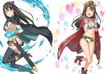  2girls bikini black_hair brown_hair cape closed_eyes gloves green_eyes idolmaster idolmaster_cinderella_girls long_hair multiple_girls shibuya_rin shimamura_uzuki swimsuit sword thigh-highs uemukai_dai weapon 