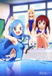  3girls absurdres arm_up armpits blonde_hair blue_eyes blue_hair blush brown_hair competition_swimsuit doma_umaru ebina_nana goggles highres himouto!_umaru-chan legs long_hair looking_back megami multiple_girls official_art one-piece_swimsuit open_mouth poolside red_eyes swimsuit tachibana_sylphynford 